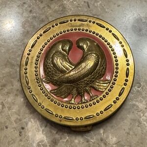 Vintage Love Birds Round Mirror Compact Art Deco Gold Tone Antique 40s 50s